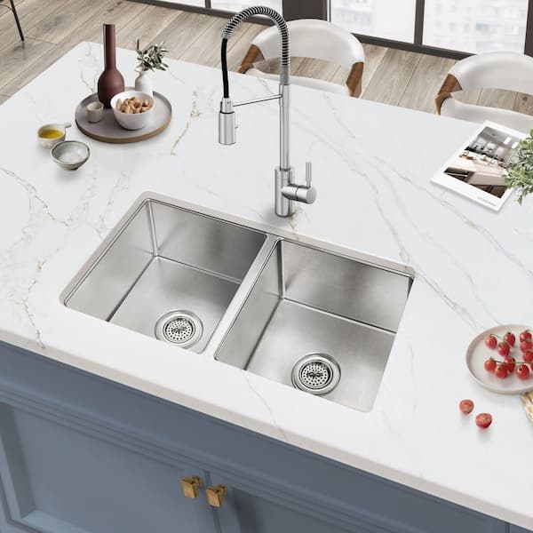 SINKDIRECT 31 in. 50/50 Double Bowl 18-Gauge Undermount Tiny