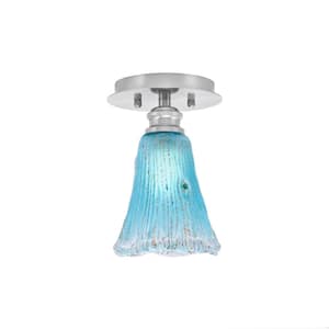 Albany 1-Light 6 in. Brushed Nickel Semi-Flush with Fluted Teal Crystal Glass Shade