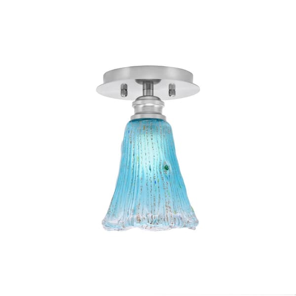 Unbranded Albany 1-Light 6 in. Brushed Nickel Semi-Flush with Fluted Teal Crystal Glass Shade