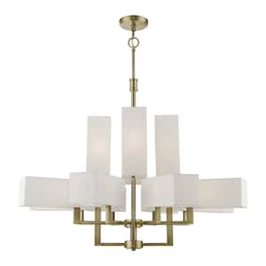 Rubix 12-Light Antique Brass Extra Large Foyer Chandelier with Oatmeal Color Fabric Shades