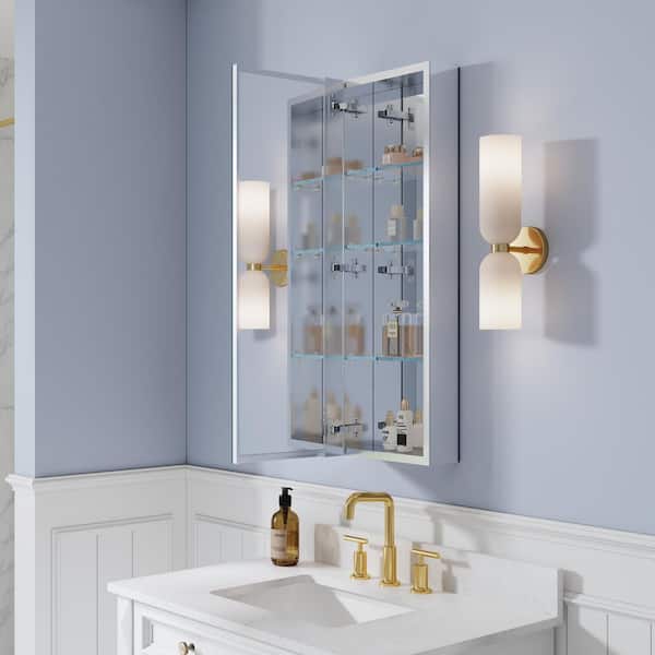 ROSA 12 in. W x 36 in. H Rectangular Aluminum Tri-View Medicine Cabinet with Mirror, Blum Hinge, Adjustable Shelves