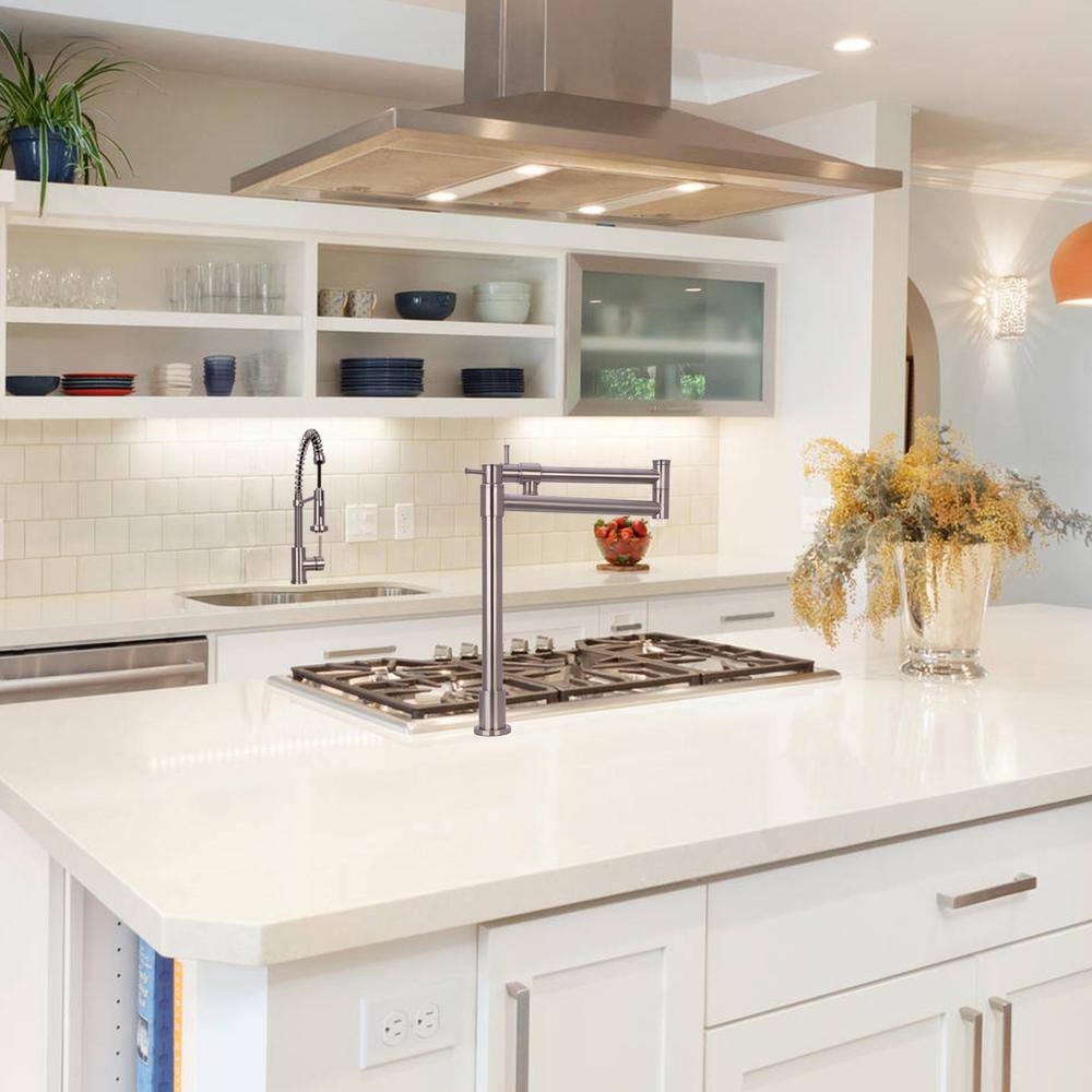 Brushed Nickel Double Handle Deck Mount Pot Filler Faucet