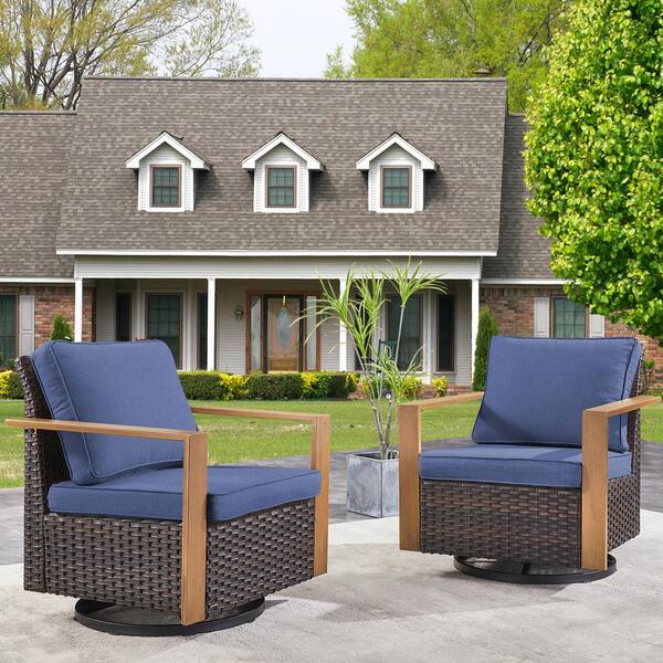 moosprr Brown Swivel Glider Wicker Outdoor Rocking Chair with Blue Cushions and Square Metal Armrest (2-Pack)