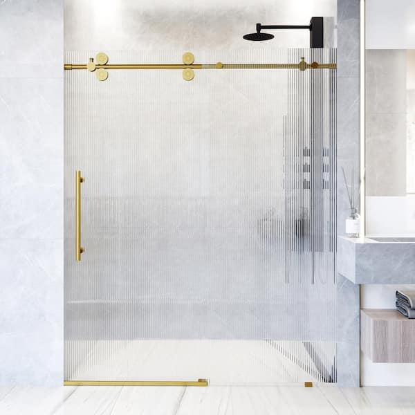 VIGO Elan 56 to 60 in. W x 74 in. H Sliding Frameless Shower Door in Matte Brushed Gold with 3/8 in. (10mm) Fluted Glass