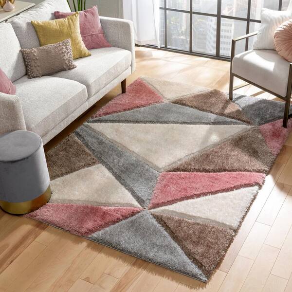 San Francisco Venice Modern Geometric Triangle Pattern Shag Grey Blush 5 ft. 3 in. x 7 ft. 3 in. 3D Textured Area Rug