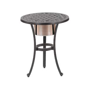 Classic Lattice Design Round Cast Aluminum Outdoor Bistro Table w/Ice Bucket Made of Premium Stainless Steel in Bronze