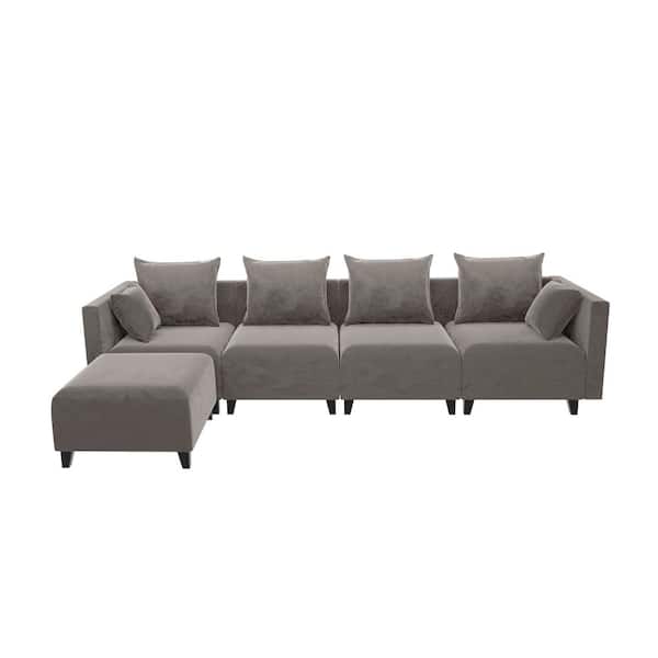 Unbranded 118 in. W Square Arm 5-Piece Velvet L-Shaped Modern Sectional Sofa in Brown w/Ottoman 4-Pillows Included