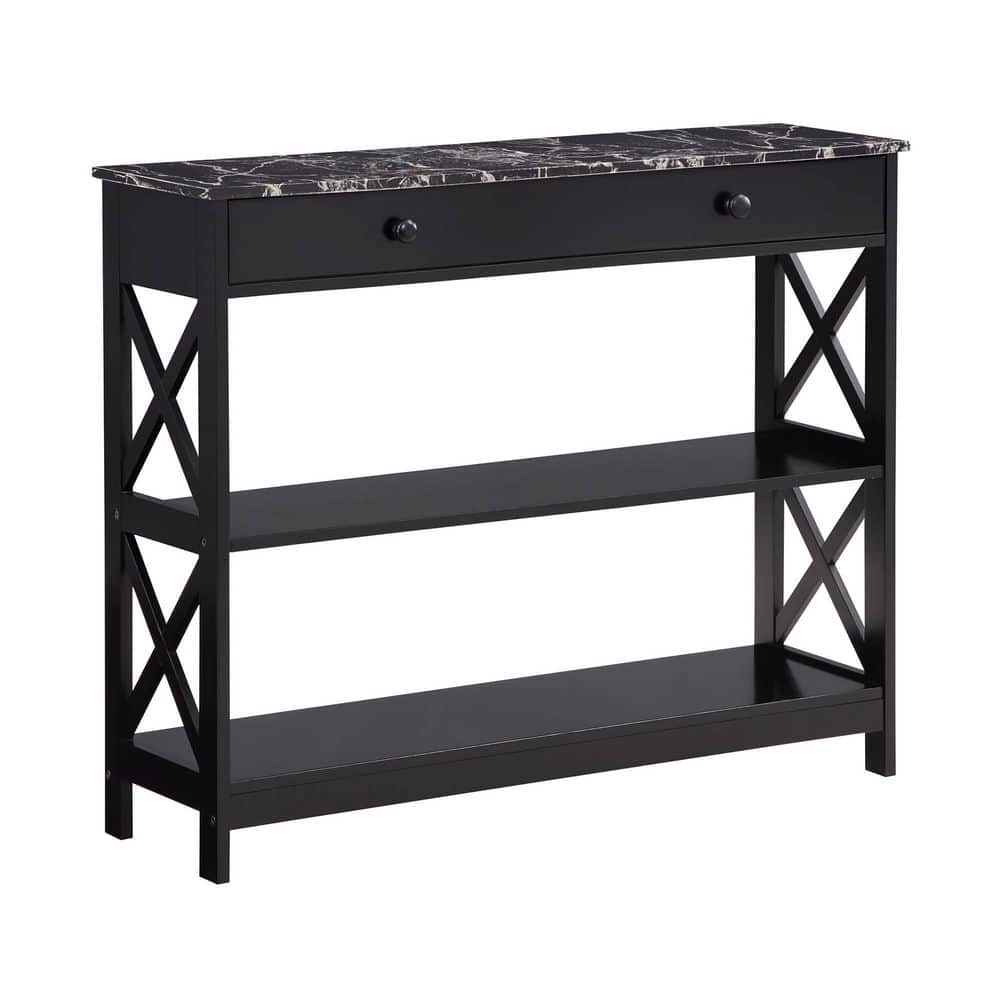 Oxford Black Faux Marble Console Table with X-Pattern Storage