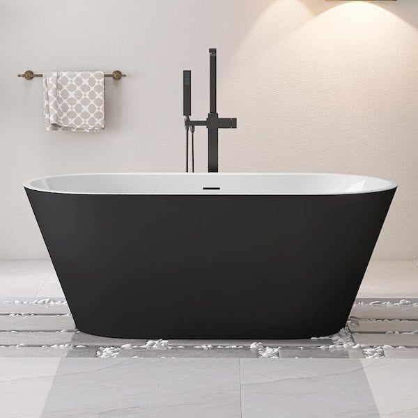 NTQ 59 in. x 29.5 in. Acrylic Oval Freestanding Deep Soaking Bathtub Free Standing Bath Tub with Chrome Drain in Matte Black