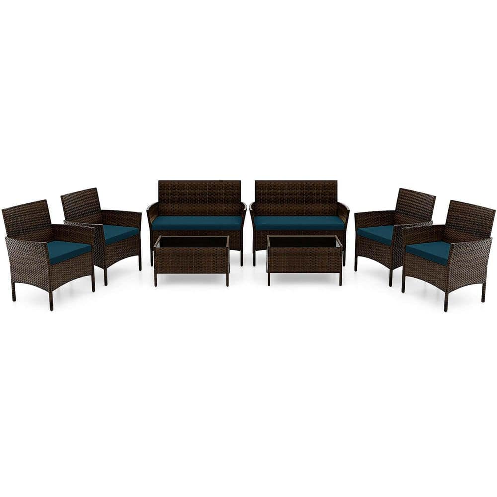 8-Piece Wicker Patio Conversation Set Outdoor Rattan Furniture Set with Blue Cushions price history on PriceWatchPro