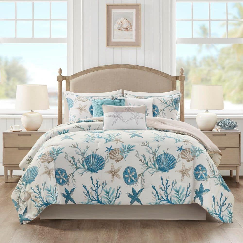 Aqua Coastal Queen Cotton Comforter Set with Decorative Pillows