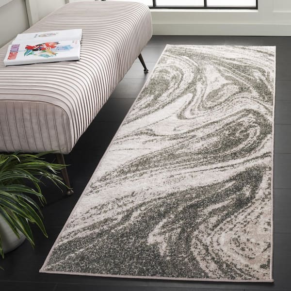 Adirondack 2 ft. x 8 ft. Ivory/Green Abstract Marble Runner Rug