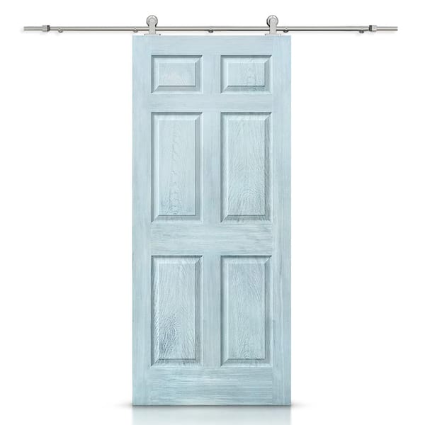 CALHOME 36 in. x 80 in. Vintage Denim Blue Stain Composite MDF 6 Panel Interior Sliding Barn Door with Hardware Kit