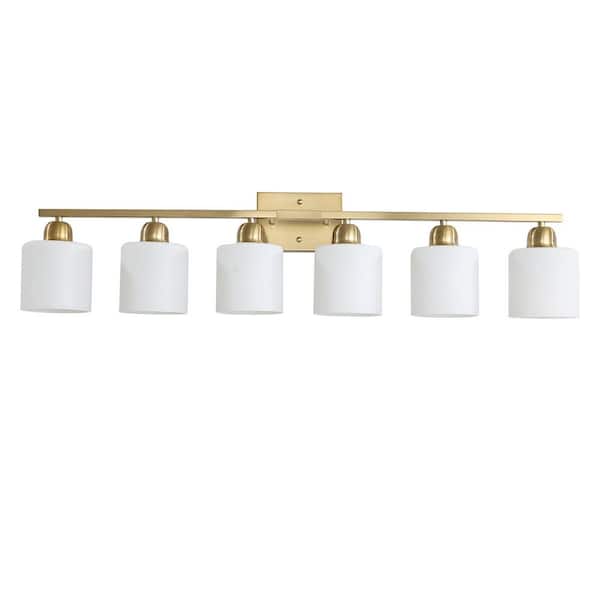 Modern 38 in. 6-Light Gold Vanity Light Wall Sconce with Milky White Frosted Glass Shades