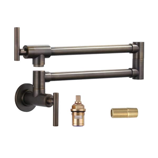 IVIGA Brass Wall Mount Pot Filler with 2-Handles and Double Joint Swing Arms Folding Kitchen Faucet in Antique Bronze