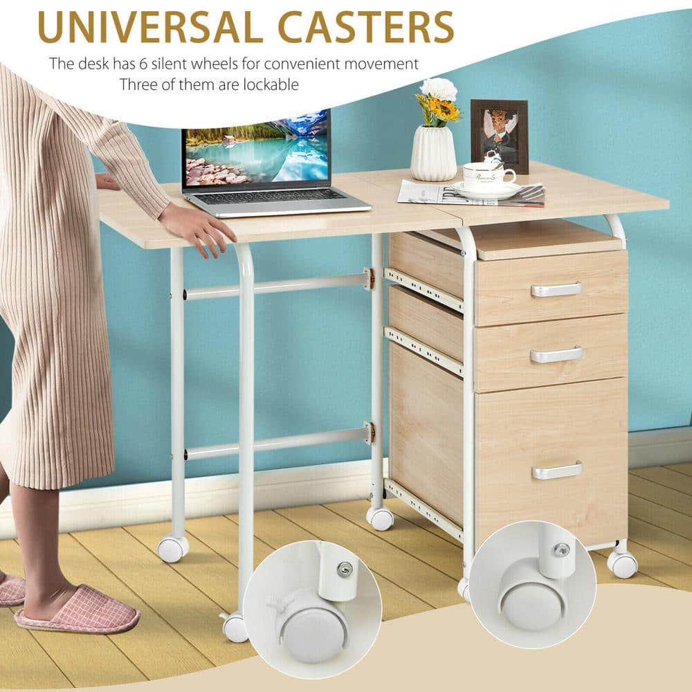 Oak Foldable Computer Desk with Drawers and Wheels
