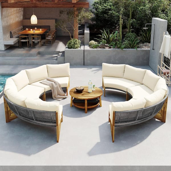 Unbranded 4-Piece Acacia Wood Outdoor Sectional Set, Patio Conversation Set Seating Group with Beige Cushions and Coffee Table