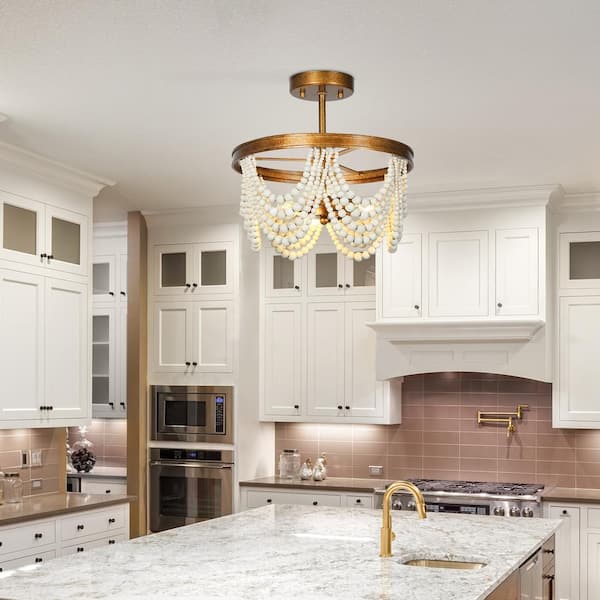 Modern Farmhouse Boho Ceiling Light 3-Light Antique Gold Round Semi-Flush Mount Light with White Wood Beads
