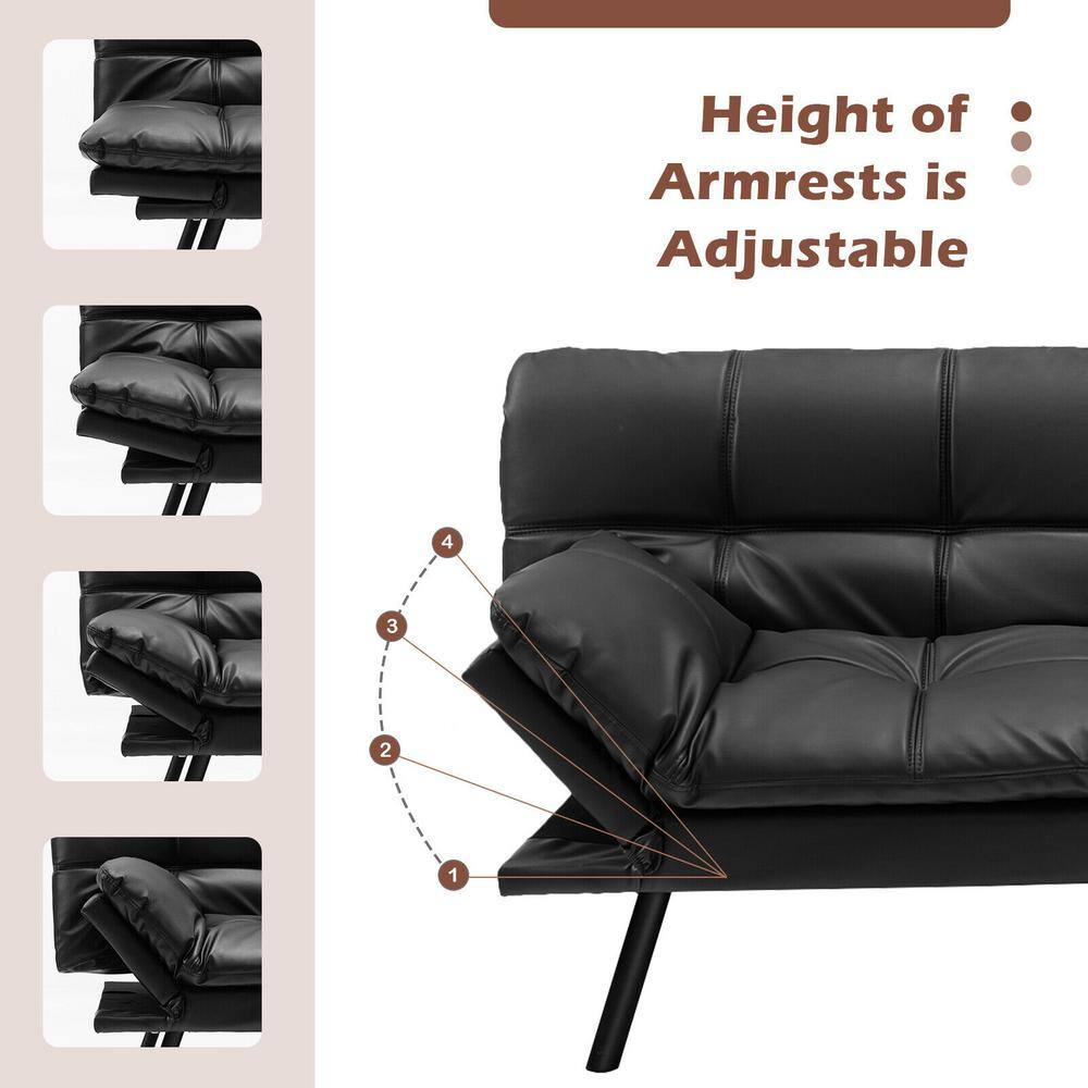 Adjustable armrest positions for the black faux leather futon sofa bed.