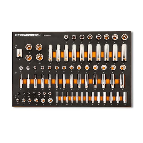 1/4 in., 3/8 in., and 1/2 in. Drive Hi-Viz Metric Socket Set in Foam Storage Tray (77-Piece)