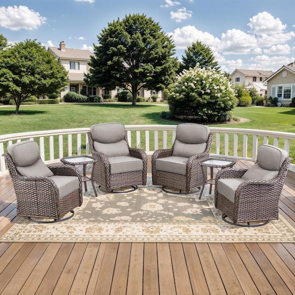 MoonLuxe Brown Swivel Glider Wicker Patio Conversation Set with Gray Olefin 6 in. Thick Cushions/Side Table (6-Piece)