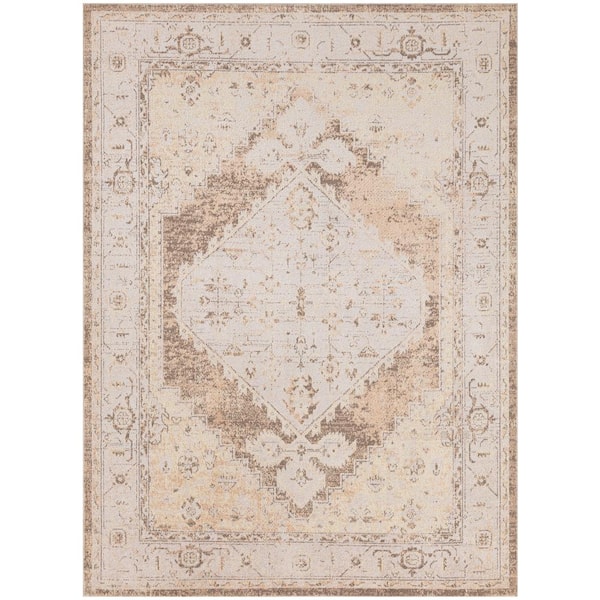 Nourison Astra Machine Washable Beige 5 ft. x 7 ft. Center medallion Traditional Area Rug