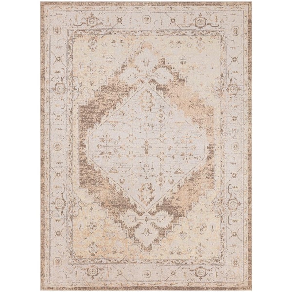 Nourison Astra Machine Washable Beige 5 ft. x 7 ft. Center medallion Traditional Area Rug