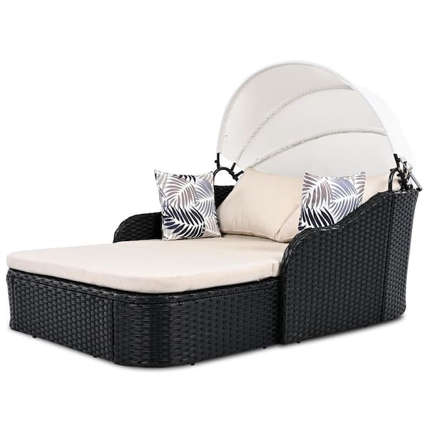 79.9 in. PE Rattan Lounge Black Wicker Outdoor Day Bed Sunbed with Adjustable Canopy and Beige Cushions for Garden