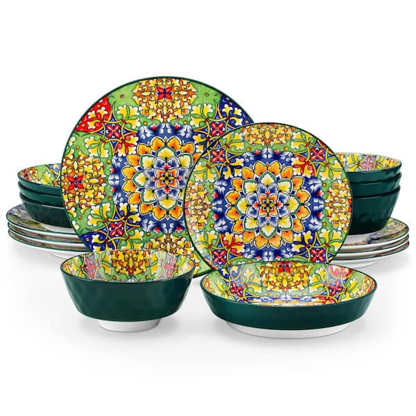vancasso 16-Piece Dark-green Porcelain Dinnerware Set Service for 4 Bohemian Style Bowls and Plates Set Dining Set Tableware Set