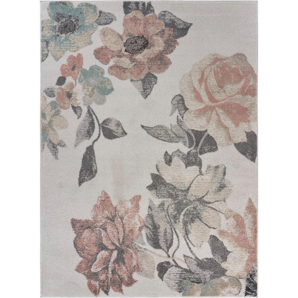 Mya Cottage Rose Floral Garden Pink/Gray 5 ft. 2 in. x 7 ft. 2 in. Indoor A