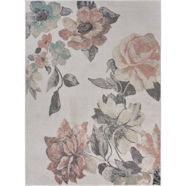 Mya Cottage Rose Floral Garden Pink/Gray 5 ft. 2 in. x 7 ft. 2 in. Indoor Area Rug