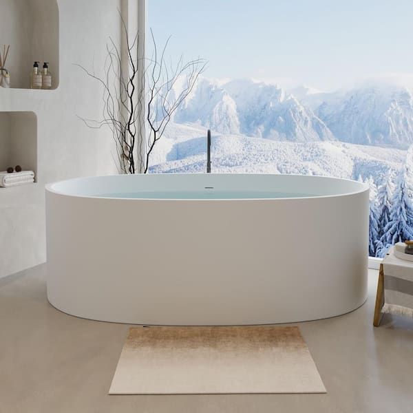 65 in. x 34.3 in. Freestanding Solid Surface Resin Stone Soaking Bathtub with Drain and Overflow in Matte White