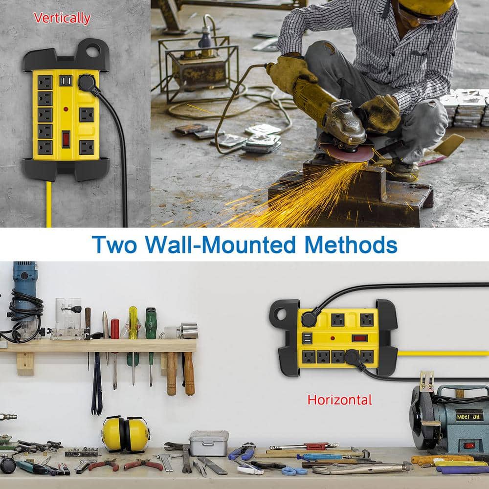 Yellow Heavy Duty Industrial Metal Power Strip with USB and 6 ft Cord