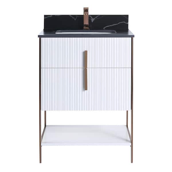 FINE FIXTURES 24 in. W x 18 in. D x 33.5 in. H White Bath Vanity with Black Sintered Stone Top with Rose Gold Hardware