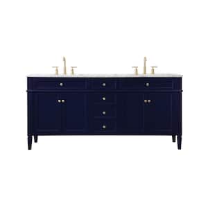 Timeless Home 72 in. W Double Bath Vanity in Blue with Marble Vanity Top in Carrara with White Basin