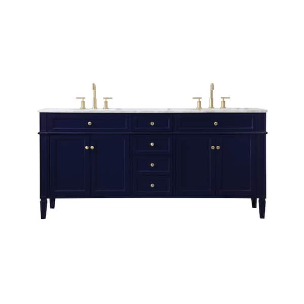Unbranded Timeless Home 72 in. W Double Bath Vanity in Blue with Marble Vanity Top in Carrara with White Basin