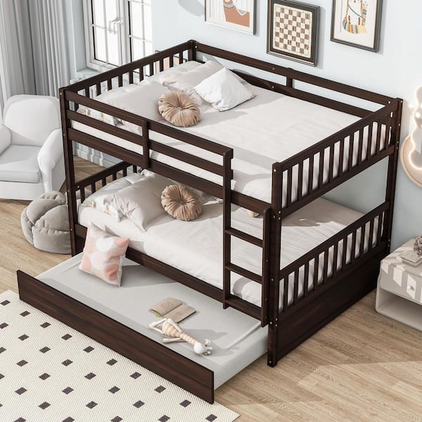 Harper & Bright Designs Espresso Wood Full Over Full Bunk Bed with Trundle And Ladder