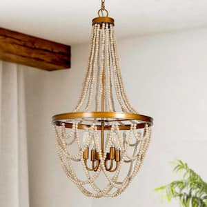 Mid-Century Dining Room Chandelier Farmhouse Chandelier 4-Light Antique Brushed Gold Coastal Chandelier with White Beads