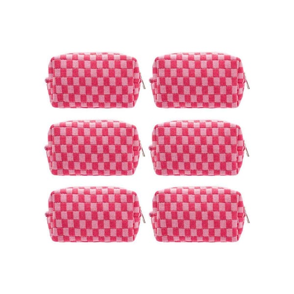 Hotpink Checkered Makeup Bag Set of 6 with Zipper Closure, Portable Travel Cosmetic Case for Toiletries and Accessories