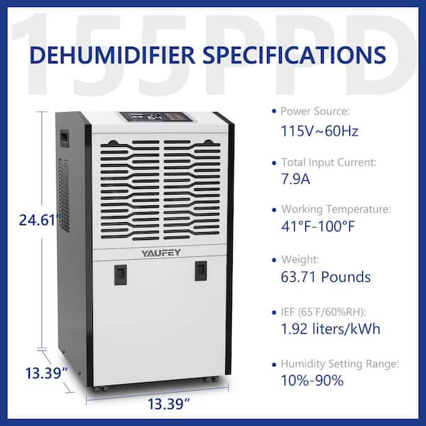 155 pt. Commercial Dehumidifier with Pump for Basements, Warehouses, Gyms up to 7500 sq. ft in Black