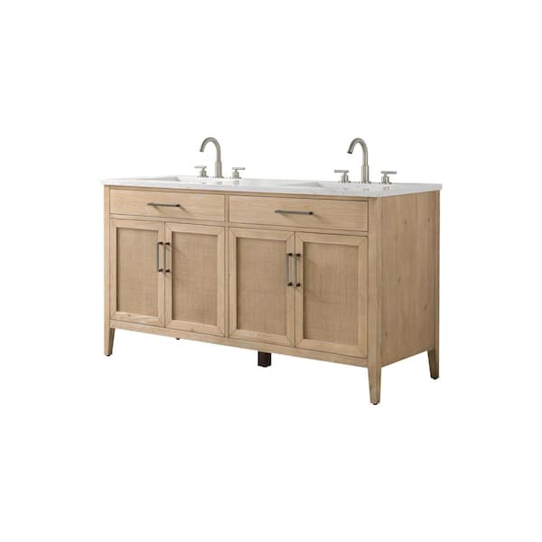 Cove 60 in. W Bath Vanity in Coastal Sand with Engineered Stone Top in Carrara White with White Sinks