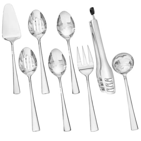 8-Piece Stainless Steel Serving Utensils Set for Buffet, Parties, Kitchen, Slotted Spoon, Fork, Tong, Ladle, Cake Server