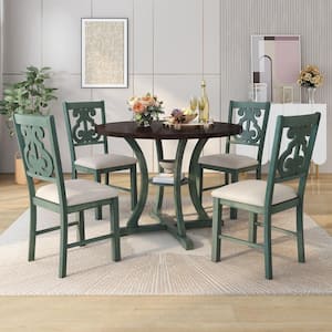Exquisitely Designed 5-Piece Wood Top Greenish Antique Blue Dining Set with Special-shaped Legs and Hollow Chair Back