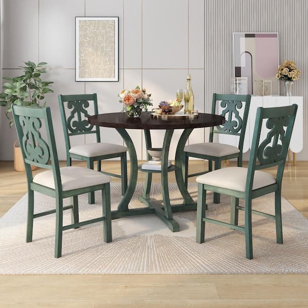 Harper & Bright Designs Exquisitely Designed 5-Piece Wood Top Greenish Antique Blue Dining Set with Special-shaped Legs and Hollow Chair Back