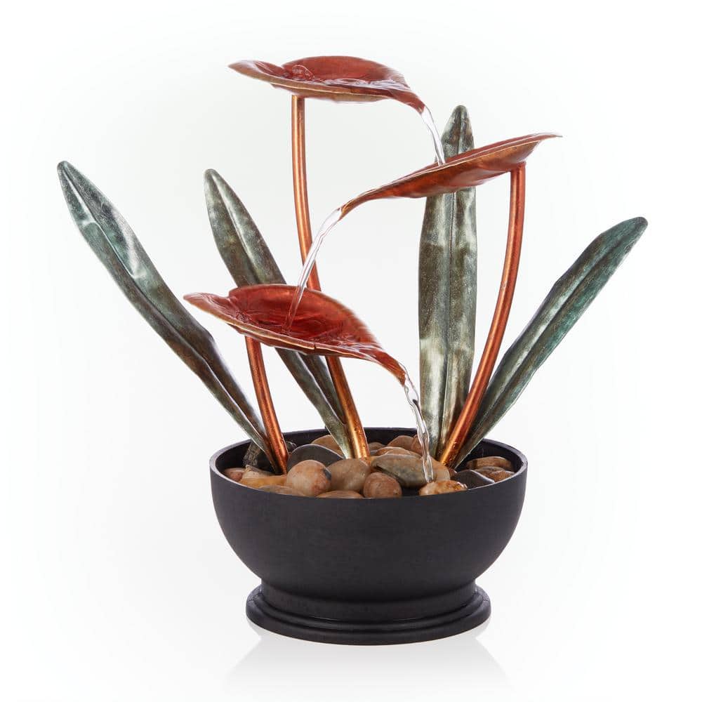 12 in. H Indoor Multi-Tier Metal Tropical Floral Tabletop Fountain with Sto