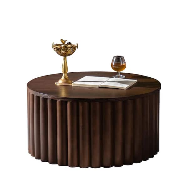 Jorvane Modern 27.55 in. Walnut Finish Lift Handcrafted Relief Sturdy Round MDF Coffee Table with Storage