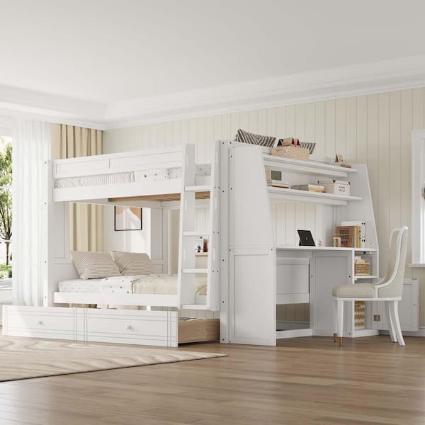 White-A Full Over Full Wood Bunk Bed with Desk and Bookshelves, Drawers