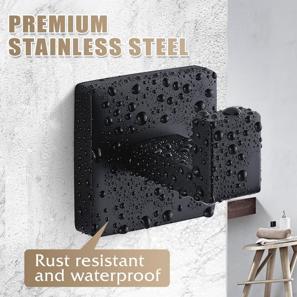 Stainless Steel J-Hook Wall-Mounted Square Hooks, Heavy Duty Towel Hooks for Bathroom, Kitchen, Bedroom, Black (4-Pack)