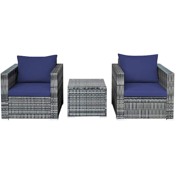 Gymax 3-Piece Rattan Patio Conversation Furniture Set Outdoor Yard with Navy Cushion