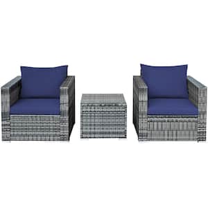 3-Piece Rattan Patio Conversation Furniture Set Outdoor Yard with Navy Cushion